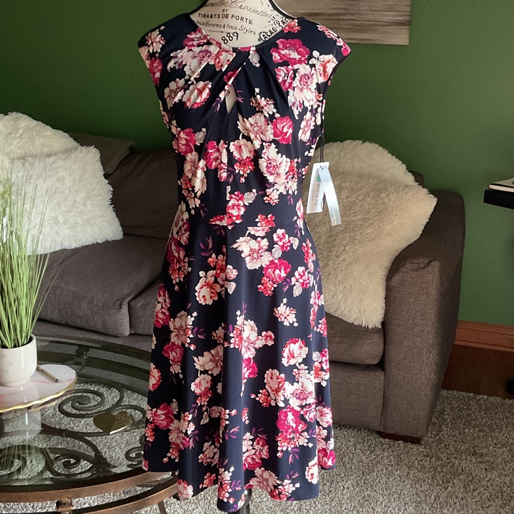 Maggy London Navy Floral Midi Dress, Size MP